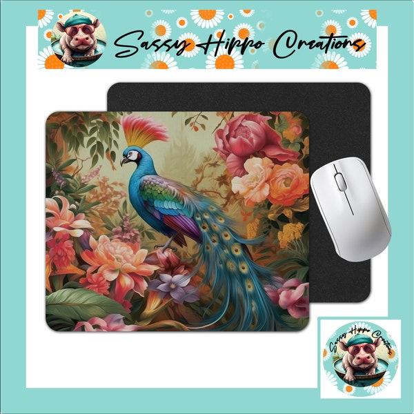 Mouse Pad Majestic Peacock Beautiful Bird Flowers Sublimated Anti Slip Back Easy Clean Durable Sassy Hippo Creations