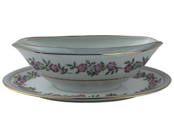 Noritake 5433 Gravy Boat with Attached Underplate Dark Pink & Gray Flowers Gold Trim Vintage Made in Japan 1950's