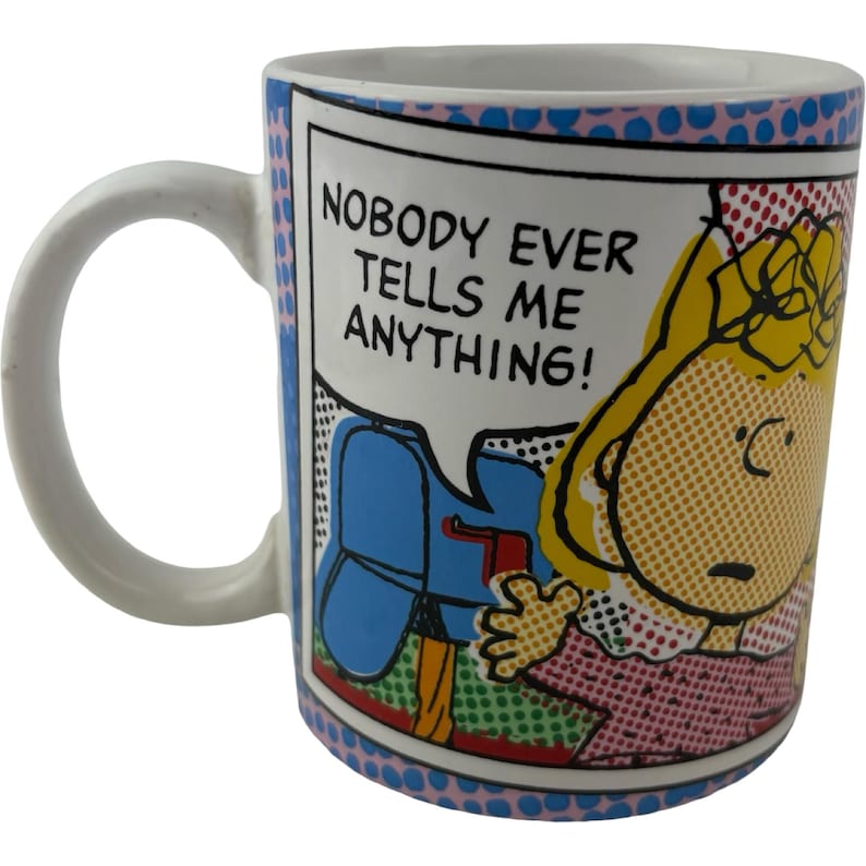 Gibson Peanuts Sally Coffee Mug Vintage 11oz Nobody Ever Tells Me Anything Comic Strip image 1