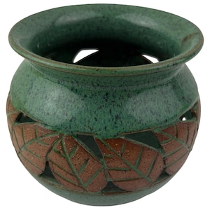 Handmade Studio Art Pottery Votive/Pencil Holder Pierced Cut Out Artist Signed Speckled Green Brown Leaves