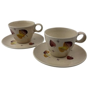 Vernon Ware Sherwood platte kop en schotels set van 2 vintage Metlox Poppytrail aardewerk herfstbladeren VS Californië