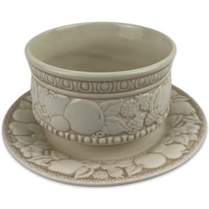 Metlox Vernon Antiqua Gravy Boat with Attached Underplate Vintage Poppy Trail Embossed Fruit and Berry California Pottery Made in USA
