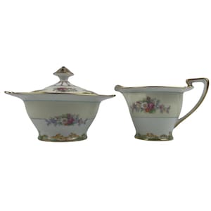 Noritake Jacquin Lidded Sugar Bowl and Creamer Vintage Multi Floral Green Edge Gold Trim Made in Japan