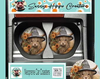 Car Coasters Highland Cow Autumn Fall Pumpkin Flowers Set of 2 Neoprene Absorbent Hand Sublimated by Sassy Hippo Creations