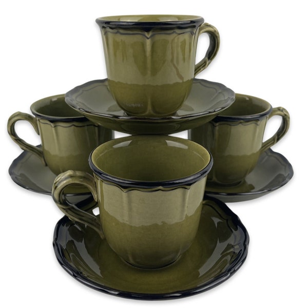 Metlox La Mancha Green Cups and Saucers Set of 4 Vintage Poppytrail Vernon Avocado Green Made in USA