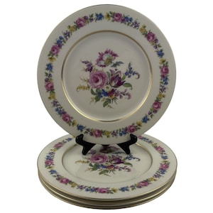 Castleton China Manor Dinner Plates Set of 4 Vintage 10 3/4&quot; Multifloral Rim and Center Gold Trim Made in USA
