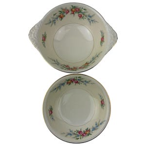 Homer Laughlin Cashmere 1 Fruit Dessert Bowl and 1 Lugged Cereal Bowl Vintage Eggshell Nautilus Multi-Color Flowers K41N5 Made in the USA