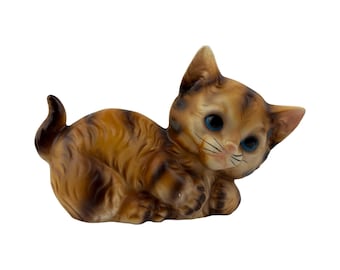 Trimont Ware Orange Tabby Cat Figurine Kitty Kittens Blue Eyes Vintage 1960&#39;s Made in Japan