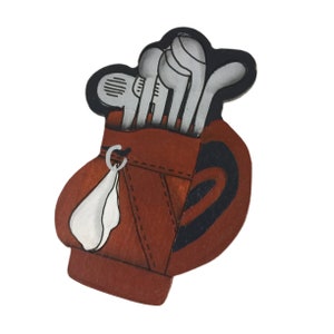 Brooch Golf Pin Golf Club and Bag Golfer Sports Hand Painted Hand Done Wooden Locking Bar Pin Back Vintage Retro