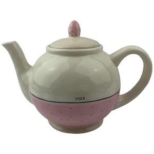 Rae Dunn by Magenta POUR Teapot Tea Pot Pink and White Black Polka Dots Farmhouse Rustic Cottage Artisan Collection