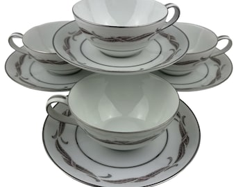 Juego de 4 tazas y platillos Noritake Gaylord con borde plano, hojas de plata vintage 5526 en el borde, detalles de platino, hechos en Japón, década de 1950 C