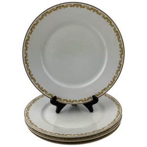 Theodore Haviland Limoges H358 Luncheon Speiseteller Set mit 4 Vintage 9 1/2 "Theo Form Grün Gelb Schriftrollen Goldrand Made in France