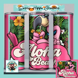 Gobelet skinny Aloha Beaches, fleurs de flamant rose en acier inoxydable de 20 oz sublimées à la main par Sassy Hippo Creations
