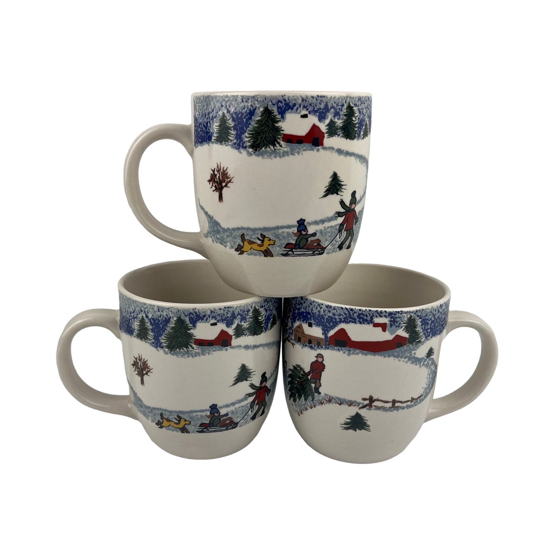 Tienshan Folkcraft Winterside Winter Side Coffee Mugs Set of 3 Vintage