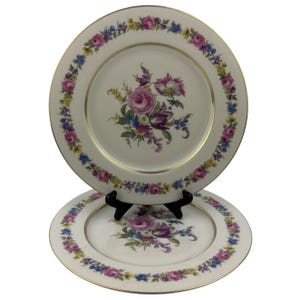 Castleton China Manor Dinner Plates Set of 2 Vintage 10 3/4&quot; Multifloral Rim and Center Gold Trim Made in USA