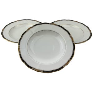 Conjunto de 3 tigelas de sopa Mikasa Jeweltone pretas com borda grande, porcelana vintage de 9&quot; com acabamento em bolinhas pretas, douradas e vermelhas, tampa 10, fabricada no Japão