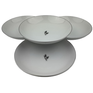 Fukagawa Arita Silver Wheat Coupe Soup Bowls Set of 4 Vintage 7 5/8&quot; Platinum Trim Wheat Center Made in Japan