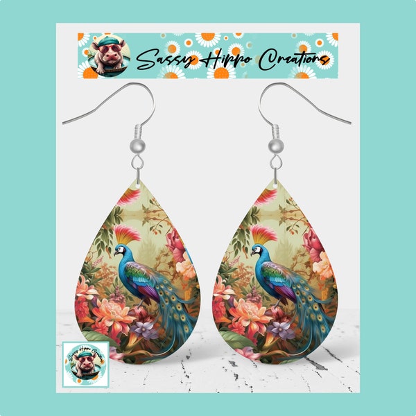 Earrings Majestic Peacock Beautiful Bird Flowers Printed on MDF with Hook Backs Sassy Hippo Creations