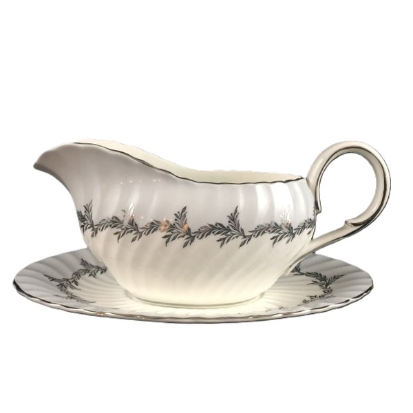 EB Foley Silver Fern Gravy Boat with Underplate Vintage Platinum Trim and Laurel Bone China Made in England