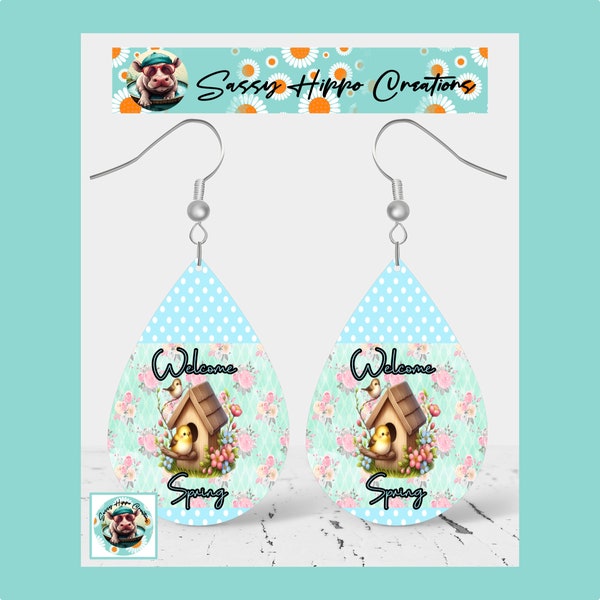 Earrings Welcome Spring Birdhouse Flowers Hand Sublimated Printed on MDF with Hook Backs by Sassy Hippo Creations