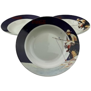 Gibson Coca-Cola Soup Cereal Bowls Set of 3 Vintage 8" Boy with Dog Fishing Norman Rockwell Stoneware 1997 Coke