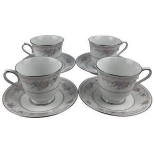 Noritake Bridal Waltz Footed Cups and Saucers Lot of 4 Vintage 4109 Pink Blue White Floral Platinum Trim