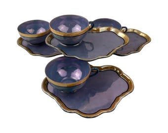 Japans lusterware theekopje en hapjesbord Veel van 4 blauw en perzik gemaakt in Japan