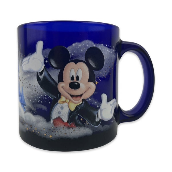 NEW Walt Disney World Tinker Bell Mickey Mouse Cobalt Blue Glass Mug 12oz