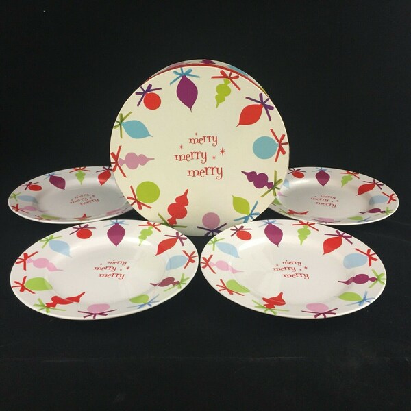 Set of 4 Dessert Salad Plates 8" by Rosanna Christmas Ornaments Merry Merry Merry In Collector Box