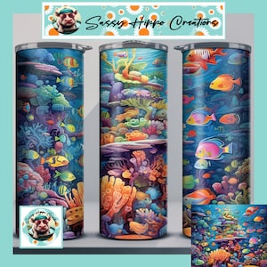 May include: Three stainless steel insulated tumblers with a vibrant underwater reef design. The tumblers feature colorful coral, fish, and the text "Sassy Hippo Creations". The design wraps around the entire tumbler, creating a 360-degree view of the ocean scene.