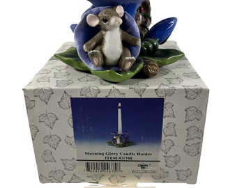 Fitz and Floyd Charming Tails Figurine Candle Holder Morning Glory 2001 VTG Mouse Hiding in Purple Flower 93/708B