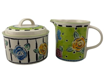 Mikasa Summer Love Lidded Sugar Bowl and Creamer Set Vintage 1998 Intaglio Flowers Butterflies Nancy Wolff