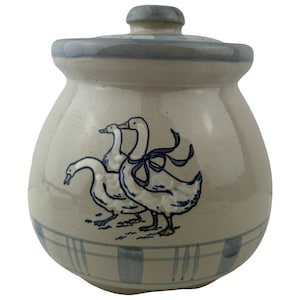 Louisville Gaggle of Geese Pot Belly Small Lidded Canister Cookie Jar 6 1/8" Stoneware Gingham Blue Made in USA Vintage