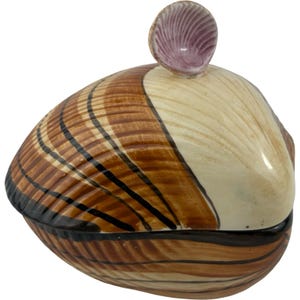 May include: A ceramic lidded box shaped like a clam shell. The exterior features a glossy finish with horizontal brown and black stripes on one side and a smooth cream color on the other. A small, raised, purple-toned shell serves as the handle.