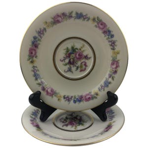 Castleton China Manor Saucer Plates Set of 2 Vintage 5 7/8&quot; Multifloral Rim and Center Gold Trim Made in USA
