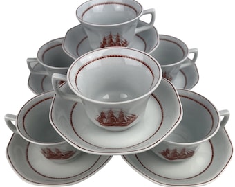 Wedgwood Flying Cloud Cups and Saucers Set of 6 Rust Clipper Ship Nautical Georgetown Collection Vintage Made in England