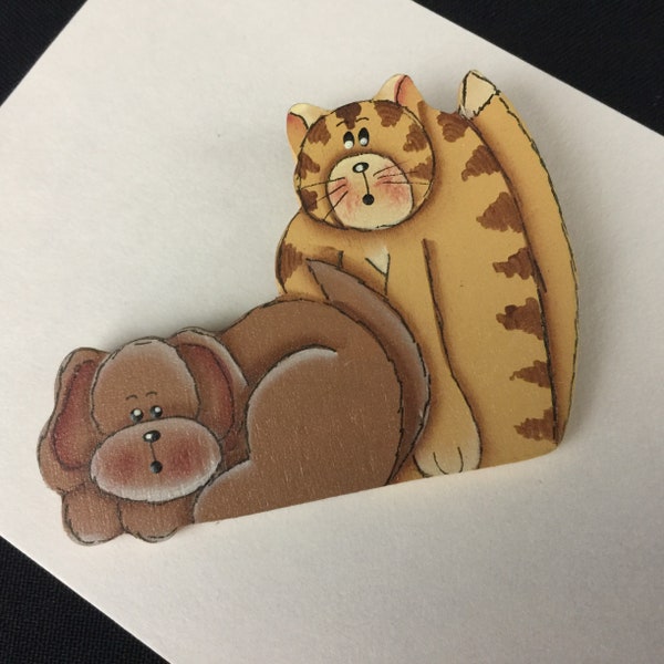 Brooch Dog and Cat Pin Best Buddies Friends Hand Painted Hand Done Wooden Locking Bar Pin Back Vintage Retro