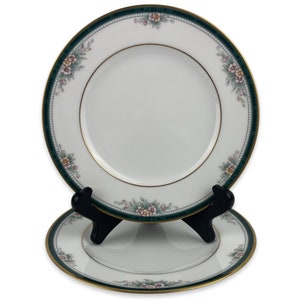 Zestaw 2 talerzy do chleba i masła Noritake Landon, vintage 4111, porcelana, 6 1/4", turkusowy pasek, kwiaty, złote wykończenie