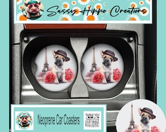 Car Coasters English Bulldog Eiffel Tower Paris Flowers Set of 2 Neoprene Absorbent Hand Sublimated by Sassy Hippo Creations