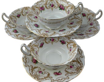 Royal Doulton E3321 Footed Cups and Saucers Set of 4 Vintage Mustard Scrolls Swags Pink Roses Gold Trim Made in England READ DESCRIPTION