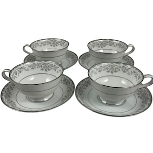 Noritake Raleigh Footed Cups and Saucers Lot of 4 Vintage 5816 Light Green Floral Platinum Trim Made in Japan 1950&#39;s