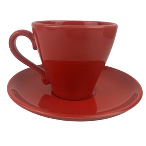 Metlox Mardi Gras Atomic Red Cup and Saucer Vintage Poppy Trail Vernon Made in California USA 1950's