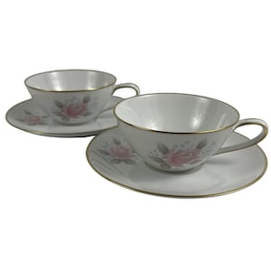 Noritake Roseville Cups and Saucers Set of 2 Vintage 6238 Pink and Blue Floral Gold Trim