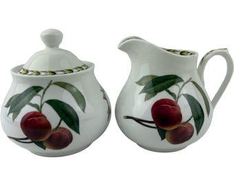 Queen's Fine Bone China Hookers Fruit Lidded Sugar Bowl and Creamer Royal Horticultural Society Peaches and Leaves with Laurel Trim