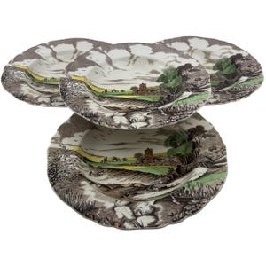 Alfred Meakin Pastoral Brown Multicolor Suppenschüsseln Set mit 4 Vintage 9 &quot;Handgemalten Multicolor Transferware Ironstone Made in England