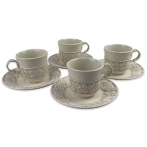 Metlox Vernon Antiqua Cups and Saucers Set of 4 Vintage Poppy Trail Embossed Fruit and Berry California Pottery Made in USA B