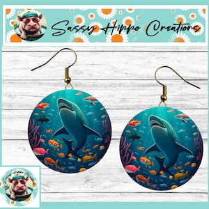 Earrings Round Gold Hook Backs Shark Ocean Colorful Fish Printed on MDF Hand Sublimated by Sassy Hippo Creations