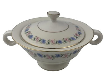 Theodore Haviland New York Pemberton suikerpot op voet Vintage roze en blauwe bloemenring bloemen gouden rand Made in USA