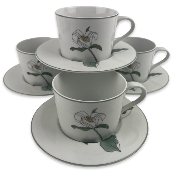 Block Spal Watercolors Trillium Flat Cups and Saucers Set of 4 Vintage Mary Lou Goertzen White Floral Green Trim Made in Portugal