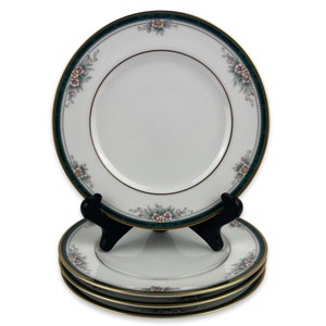 Zestaw 4 talerzy do chleba i masła Noritake Landon, vintage 4111, porcelana, 6 1/4" turkusowy pasek, kwiaty, złote wykończenie